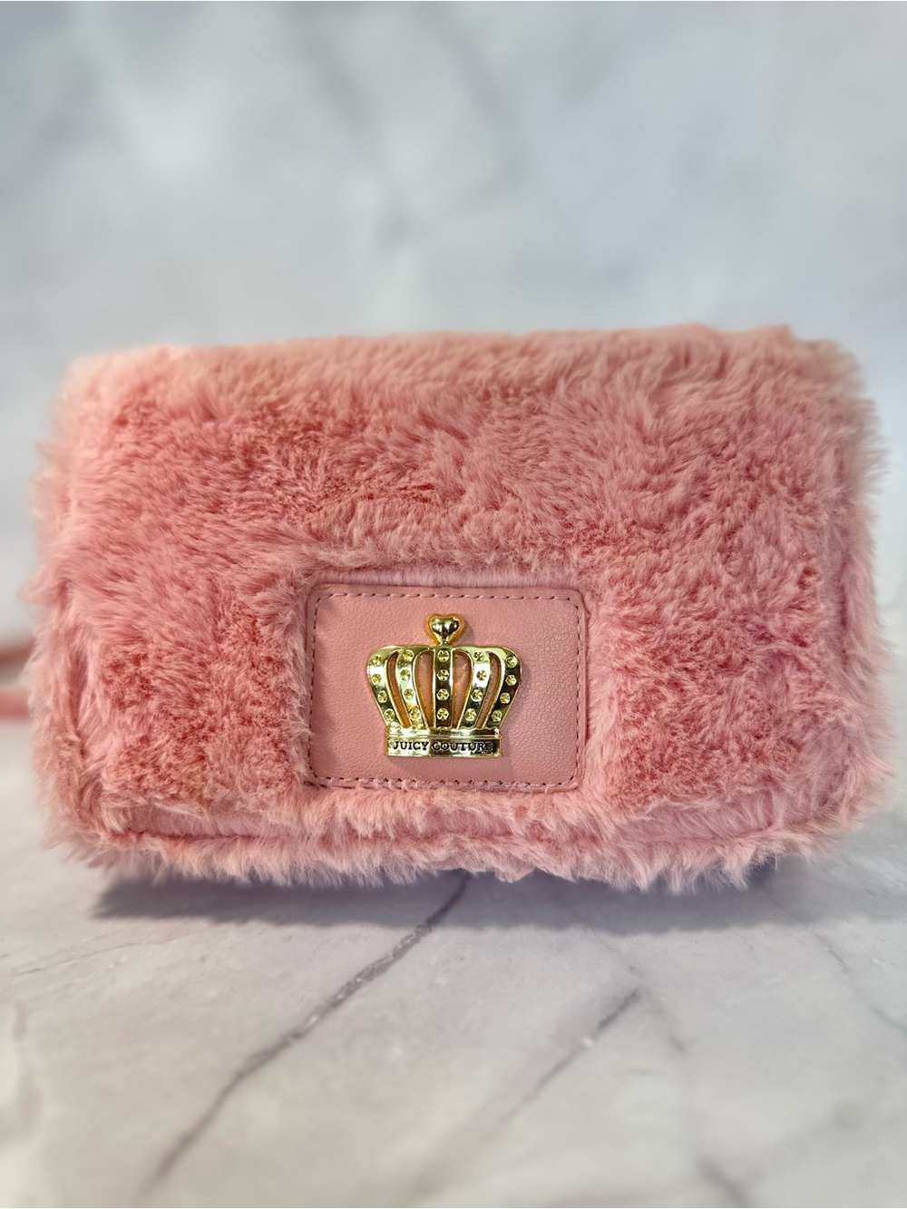 Juicy Couture Blush Pink Faux Fur  Crossbody with Gold Crown Y2K